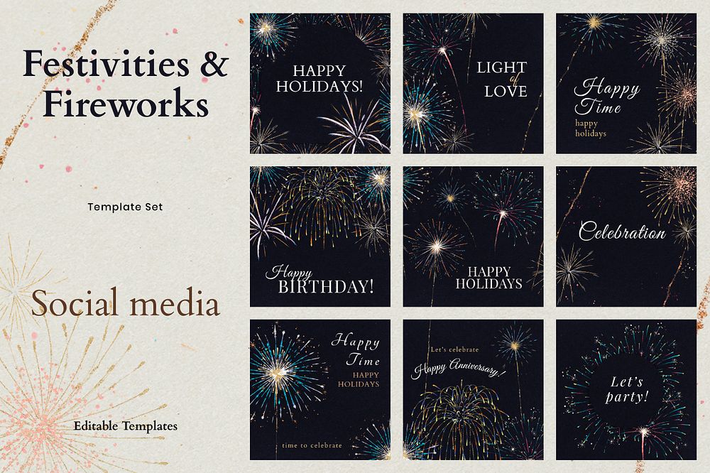 Shiny fireworks template psd with editable text ad collection
