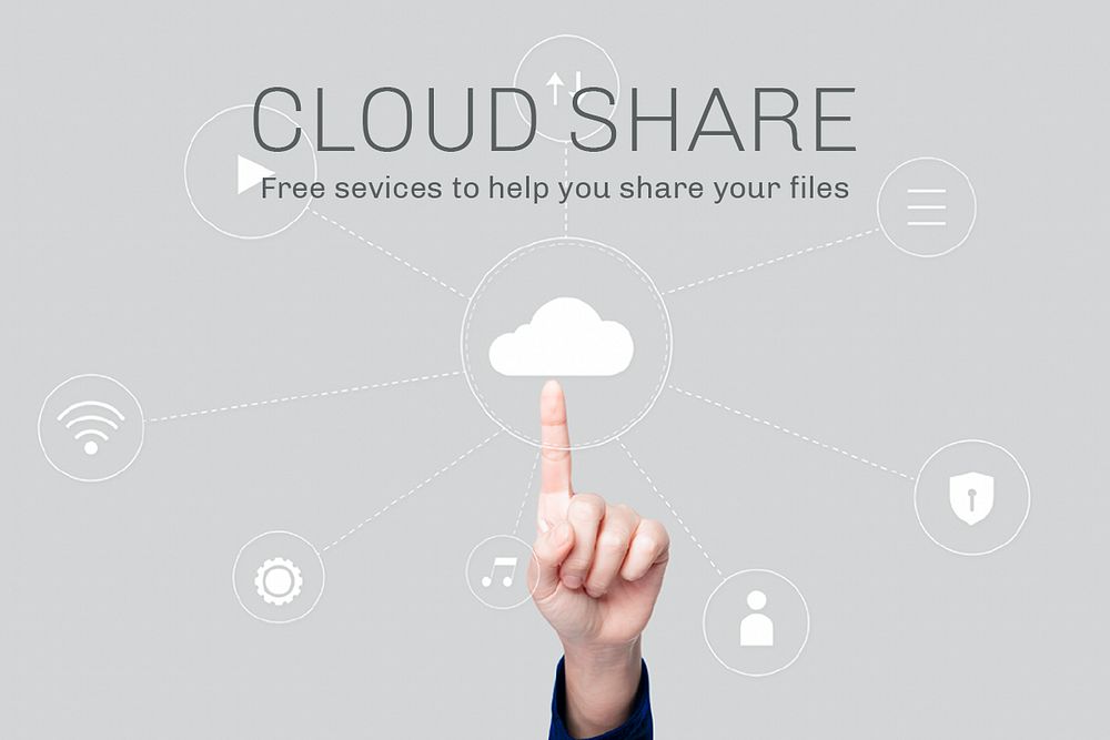 Finger pointing at cloud sharing psd