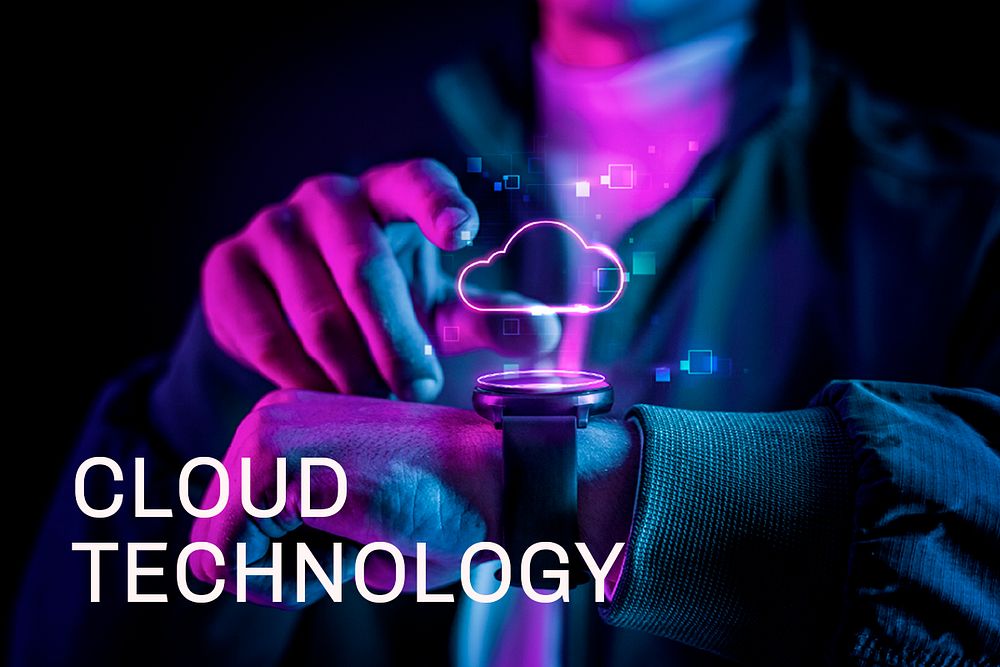 Cloud technology psd with futuristic hologram on smartwatch