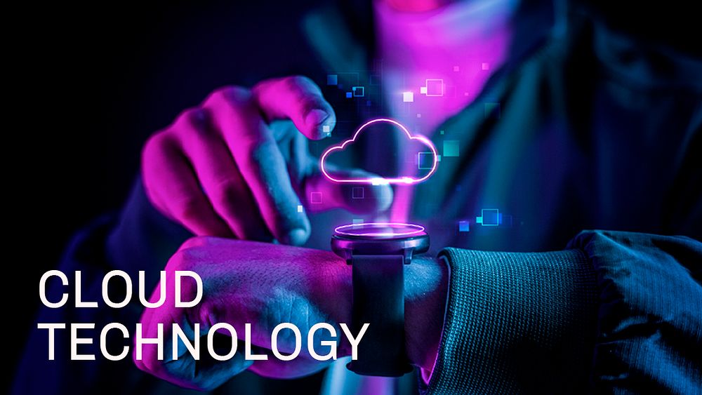 Cloud template psd on hologram smartwatch technology for blog banner