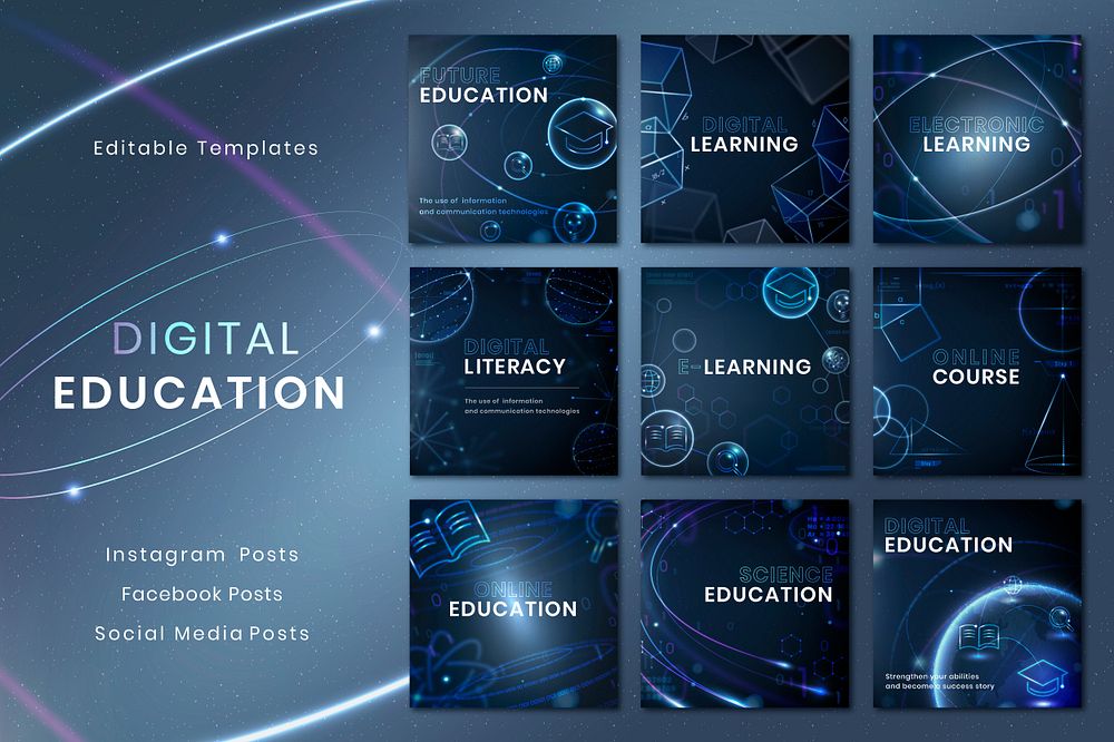 Futuristic education technology template psd social media post collection