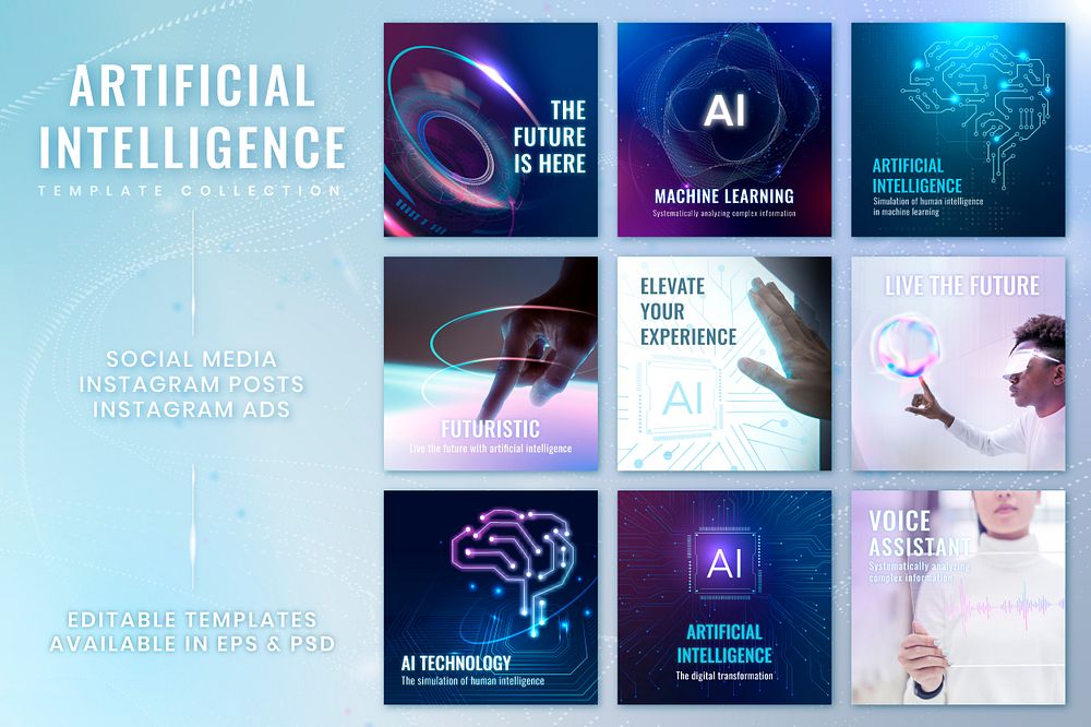 Futuristic AI technology template psd disruptive technology social media post collection
