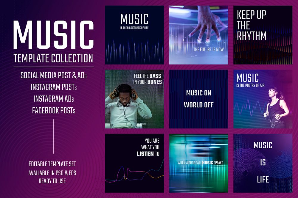 Music wave technology template psd social media ad with catchphrase collection