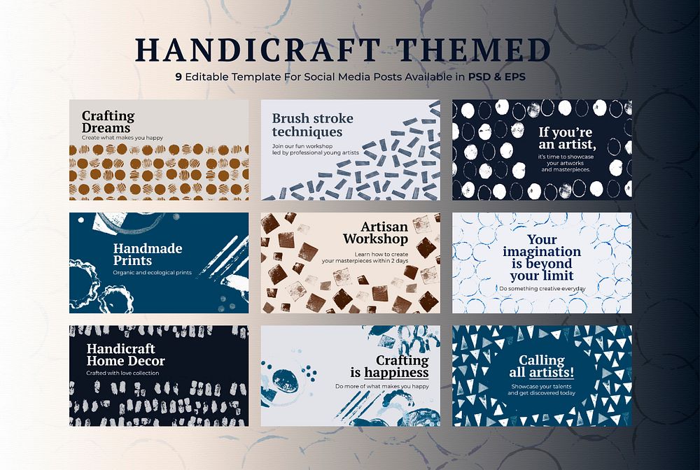 Handicraft themed banner template psd with block print background set