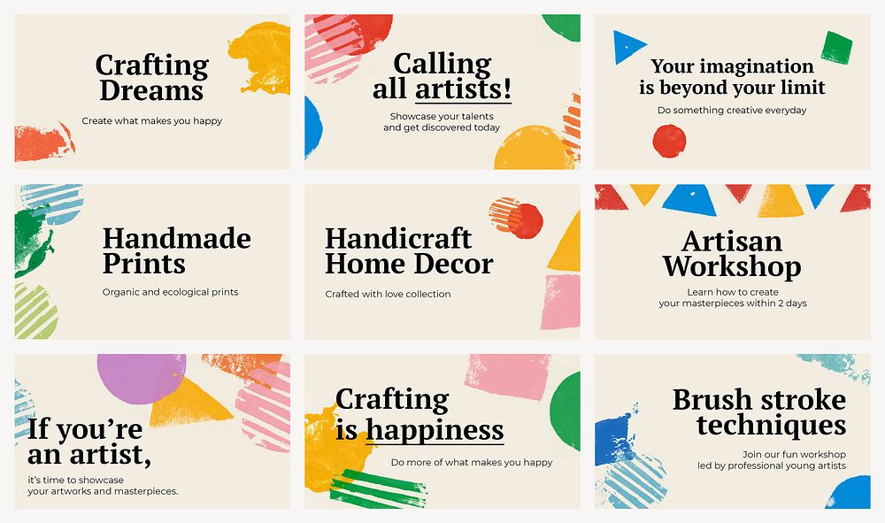 Handicraft themed banner template psd with block print background set