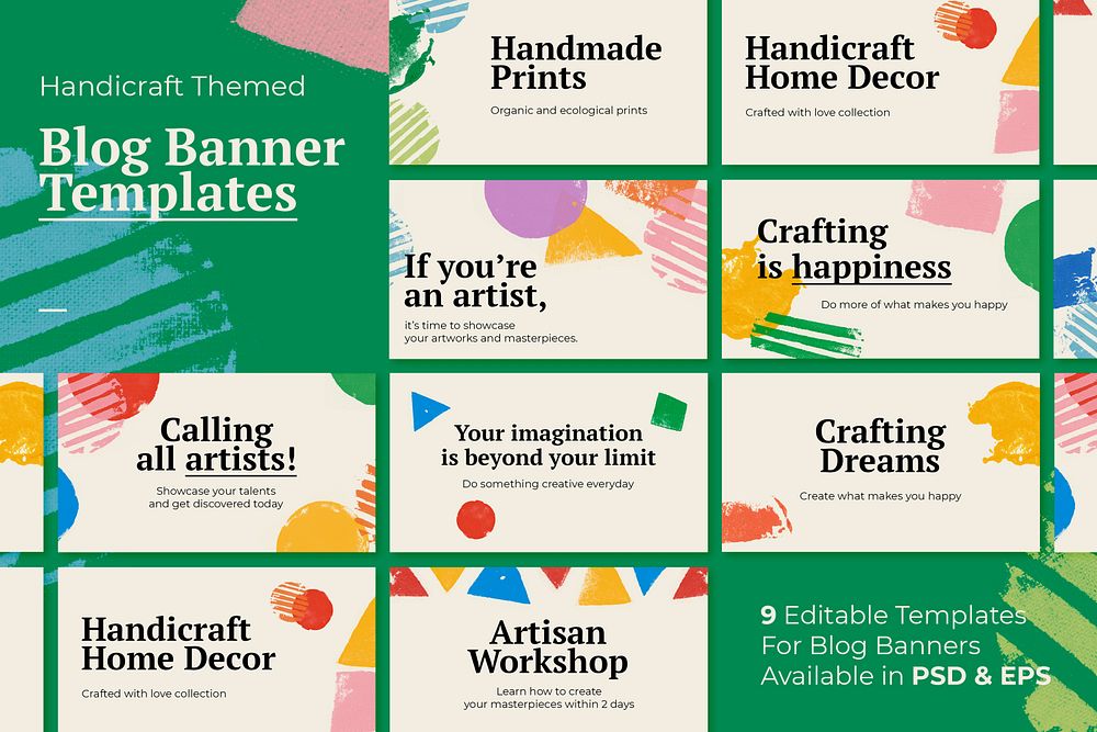 Handicraft themed banner template psd with paint stamp background set