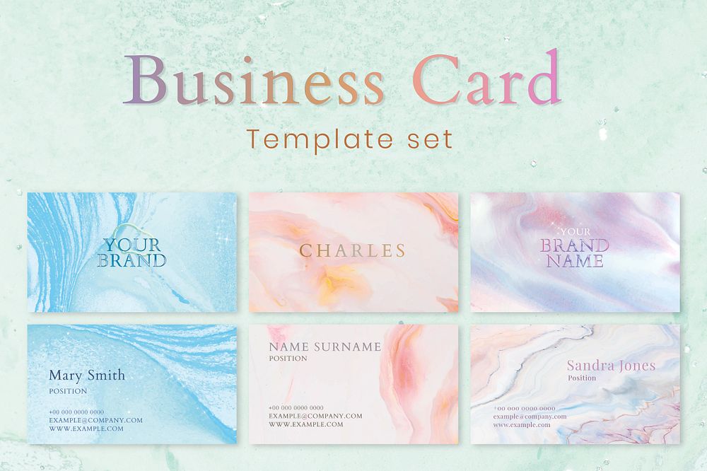 Marble business card template psd in colorful feminine style set