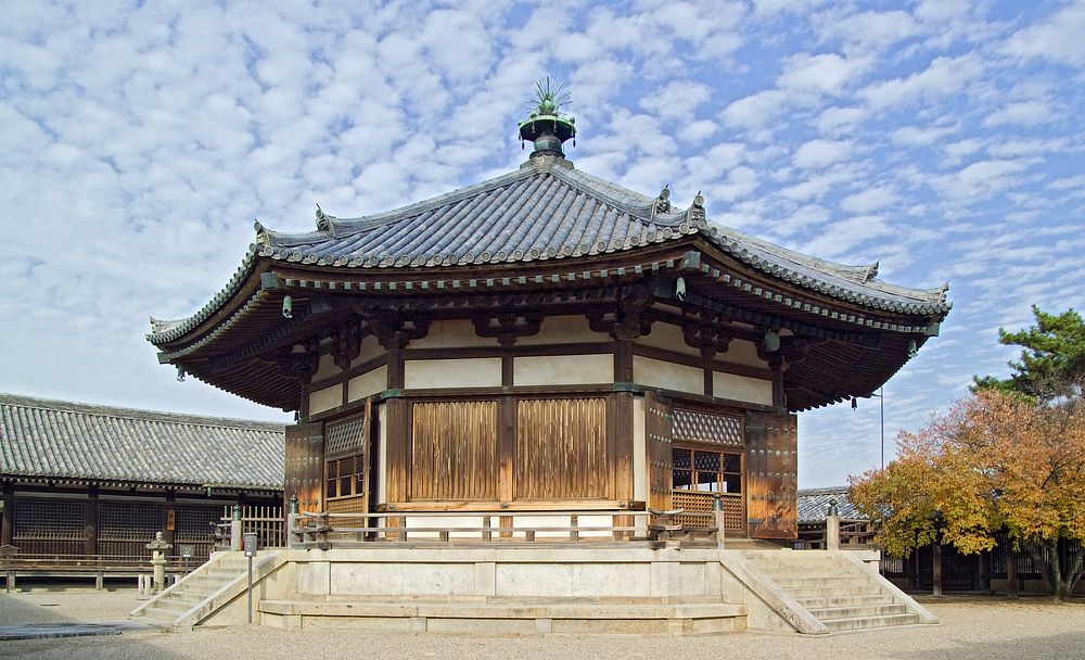 Yumedono (Hall of Dreams) at Horyu-ji Buddhist temple, Nara Prefecture, Japan. Original public domain image from Wikimedia…