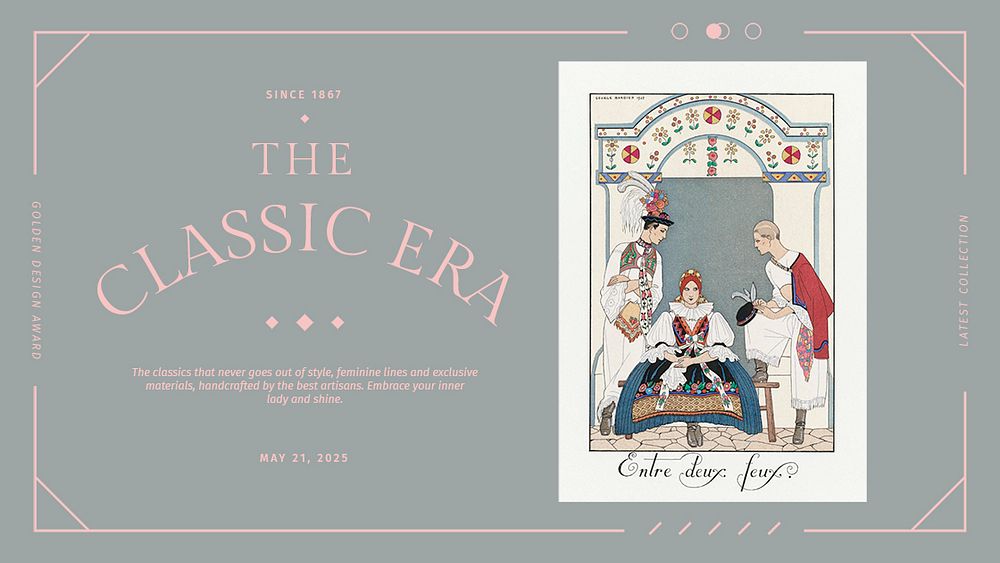 Vintage stylish pastel template psd fashion blog, remix from artworks by George Barbier