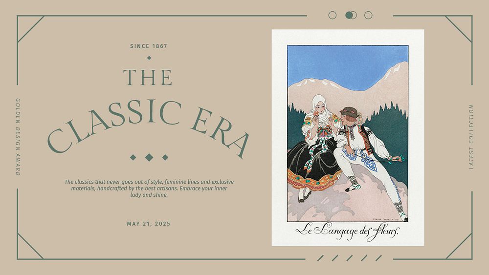 Vintage feminine fashion illustration template psd for a blog, remix from artworks by George Barbier