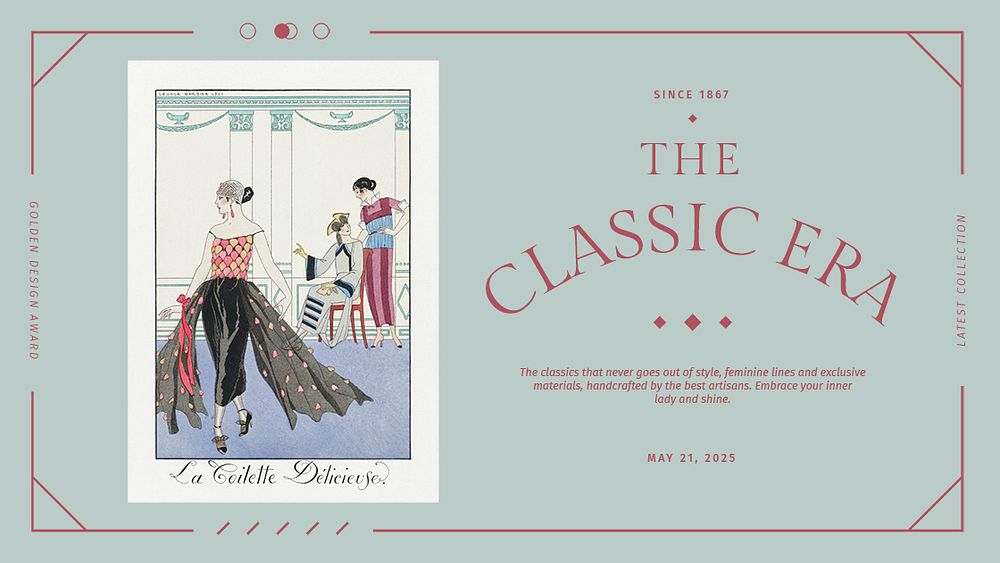 Vintage stylish editable template psd fashion blog, remix from artworks by George Barbier