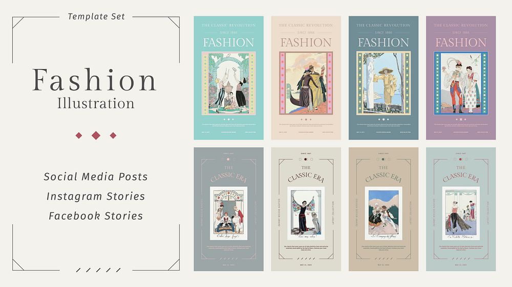 Editable templates for vintage fashion psd social media stories, remix from artworks by George Barbier
