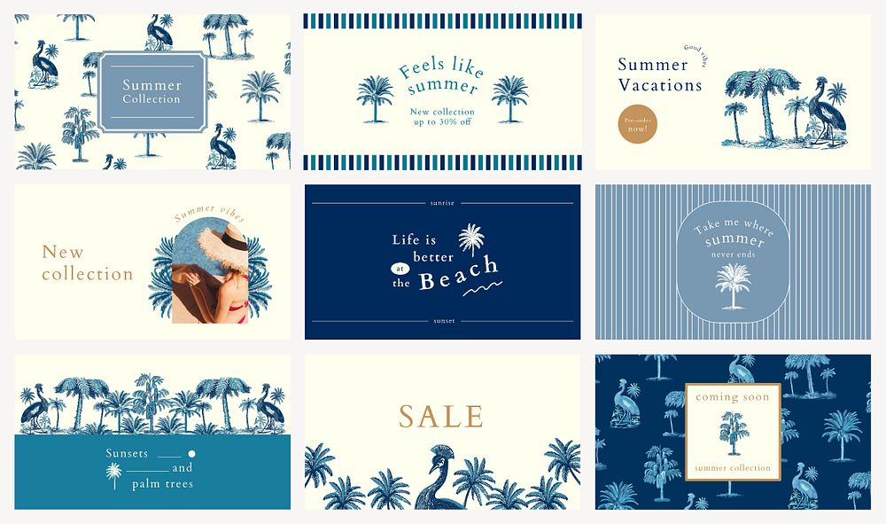 Blue summer banner template psd set with tropical background