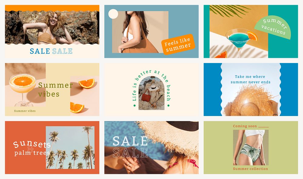 Editable summer banner templates psd in colorful retro tone