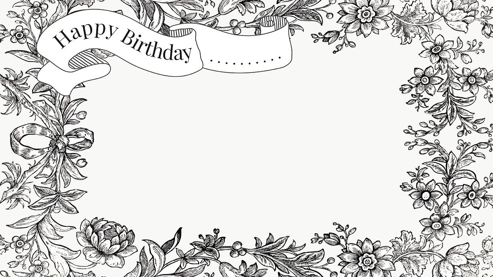 Vintage birthday greeting template psd with hand drawn flowers, remixed from public domain collection