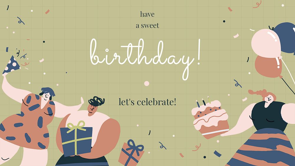 Birthday greeting template psd with celebrating characters