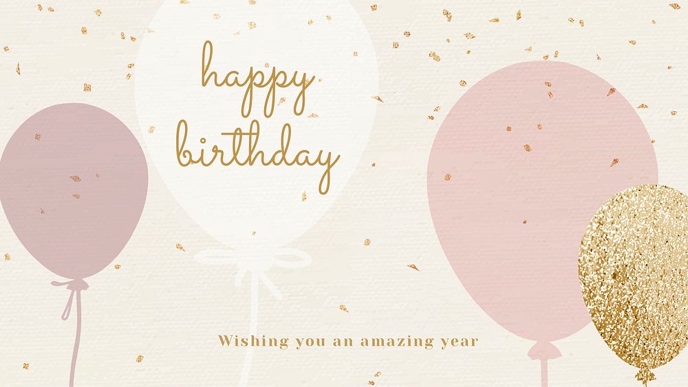 Balloon birthday greeting template psd in pink and gold tone