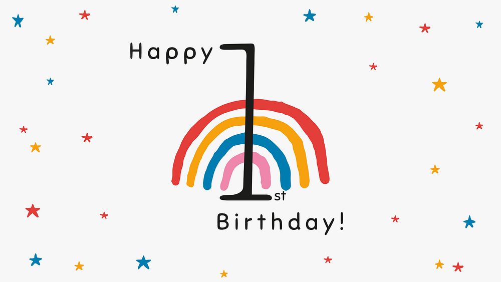1st birthday greeting template psd with rainbow illustration