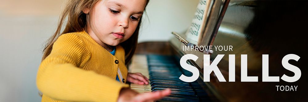 Educational banner template psd girl playing a piano background
