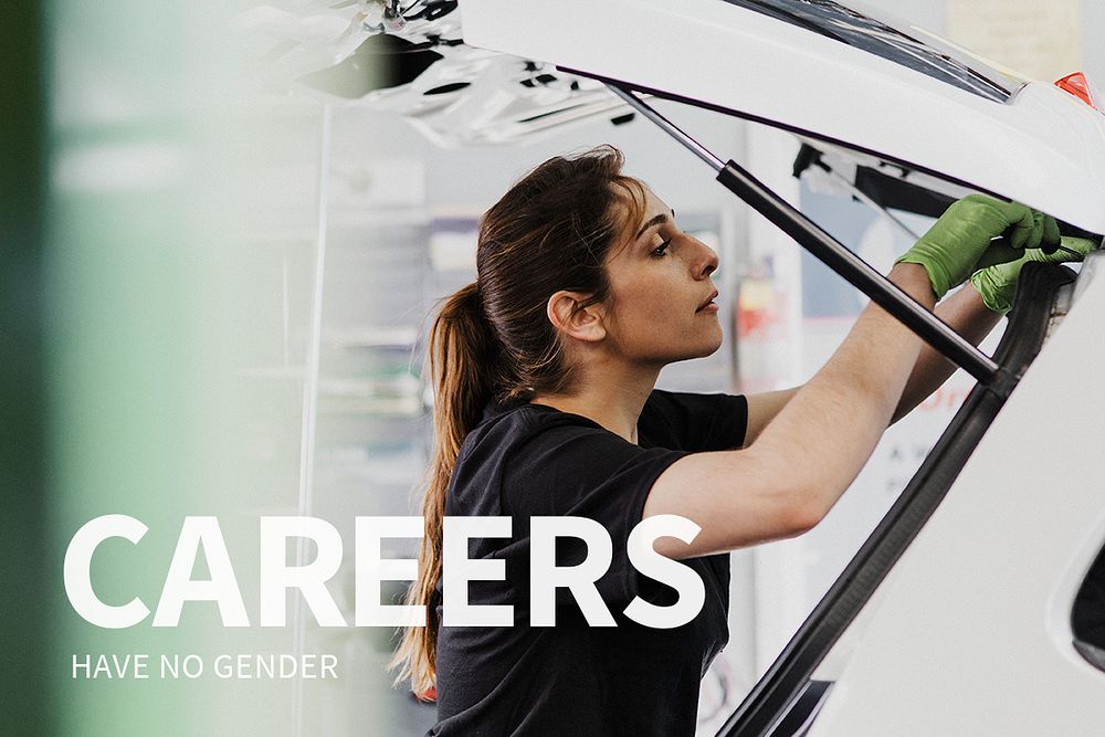 Women empowerment career template psd with auto mechanic inspirational quote