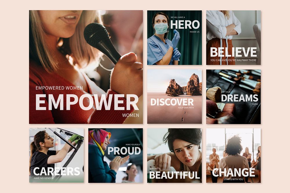 Women empowerment career template psd with inspirational quote for social media post set