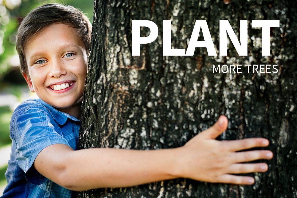 Environment template psd with child hugging plant