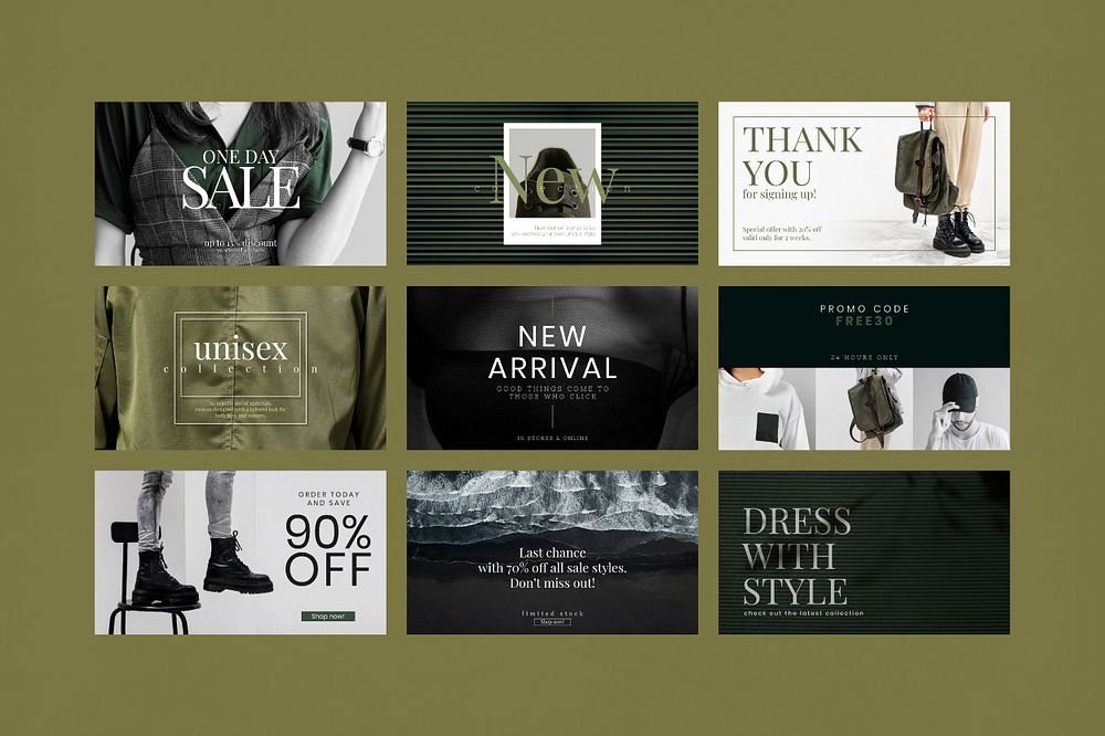 Unisex fashion sale template psd set in green and dark tone