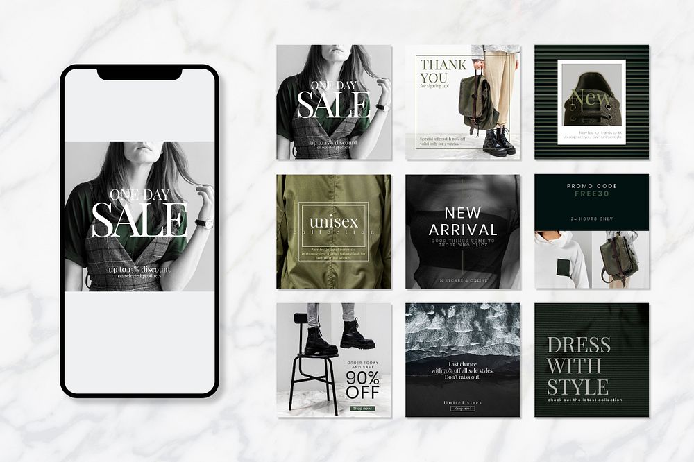 Unisex fashion sale template psd set in green and dark tone