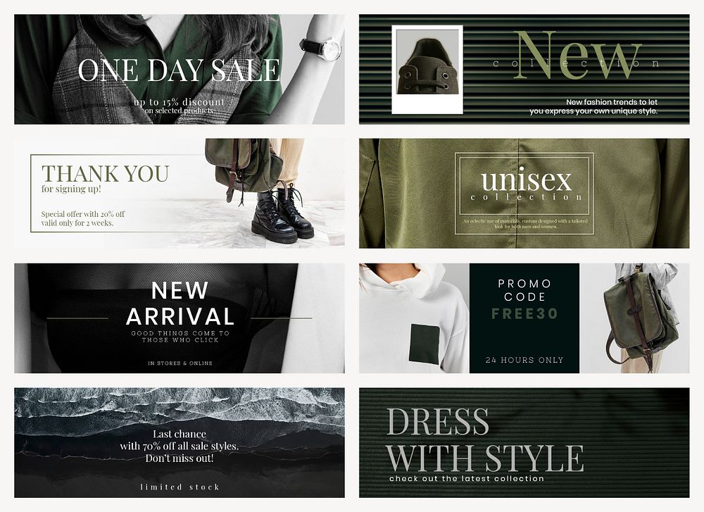 Unisex fashion sale template psd header set in green and dark tone