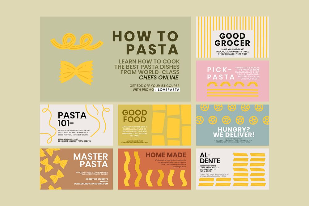 Cute pasta doodle template psd for food blog banner collection