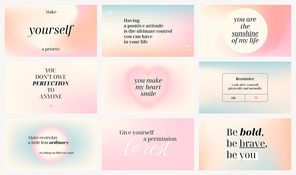Self love blog banner templates, pastel gradient design set psd