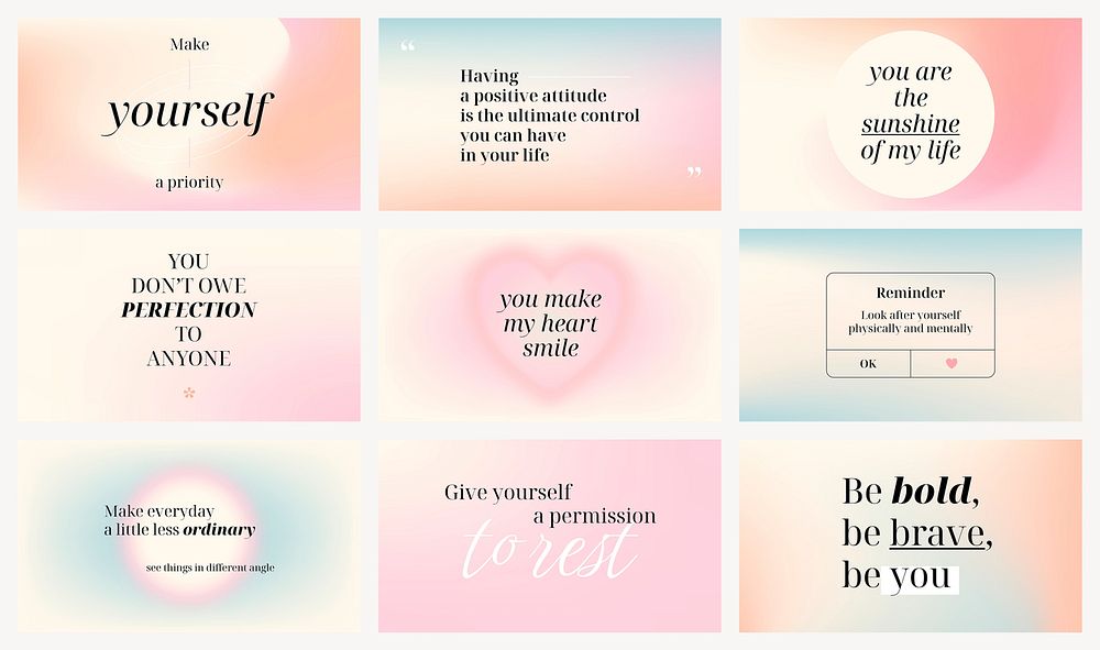 Self love Facebook cover templates, pastel gradient design set vector