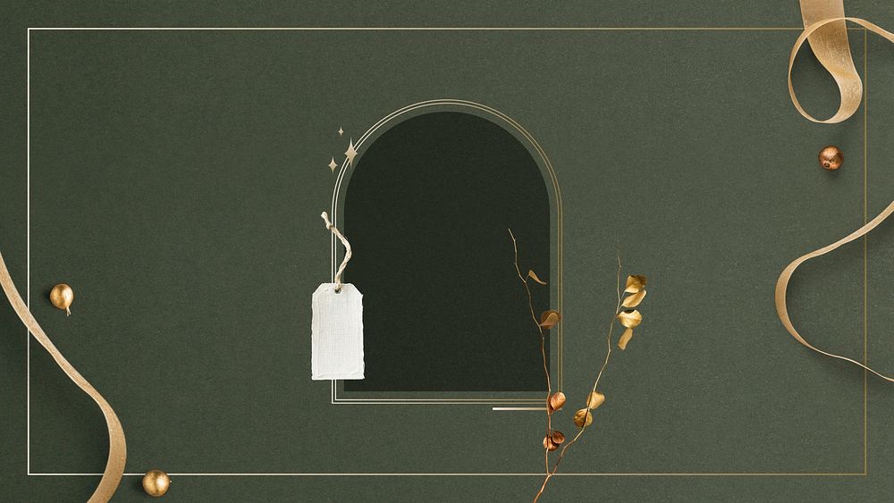 Green festive HD wallpaper, arch frame with gold ribbon psd