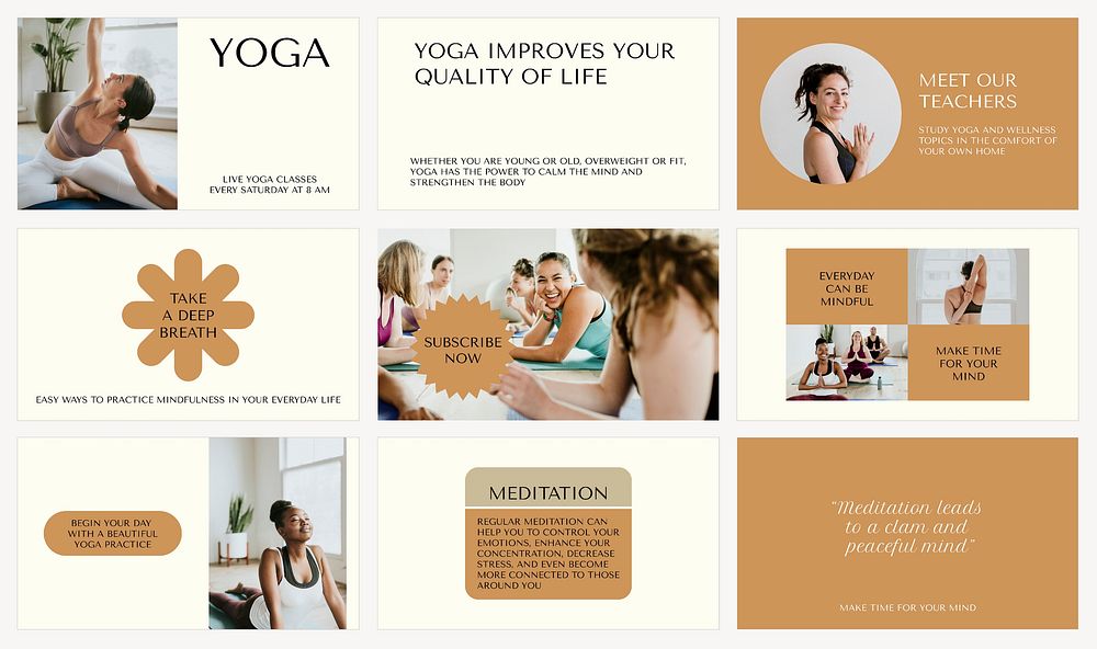Healthy lifestyle presentation templates, yoga course set vector