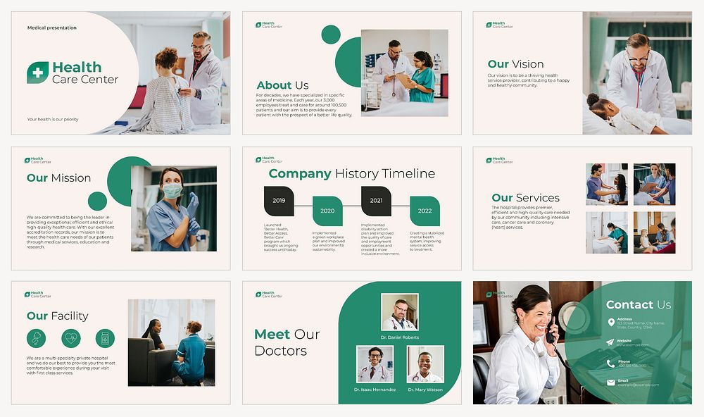 Healthcare services presentation template, medical design set vector