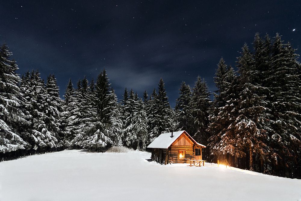 Cabin in snow. Original public domain image from Wikimedia Commons