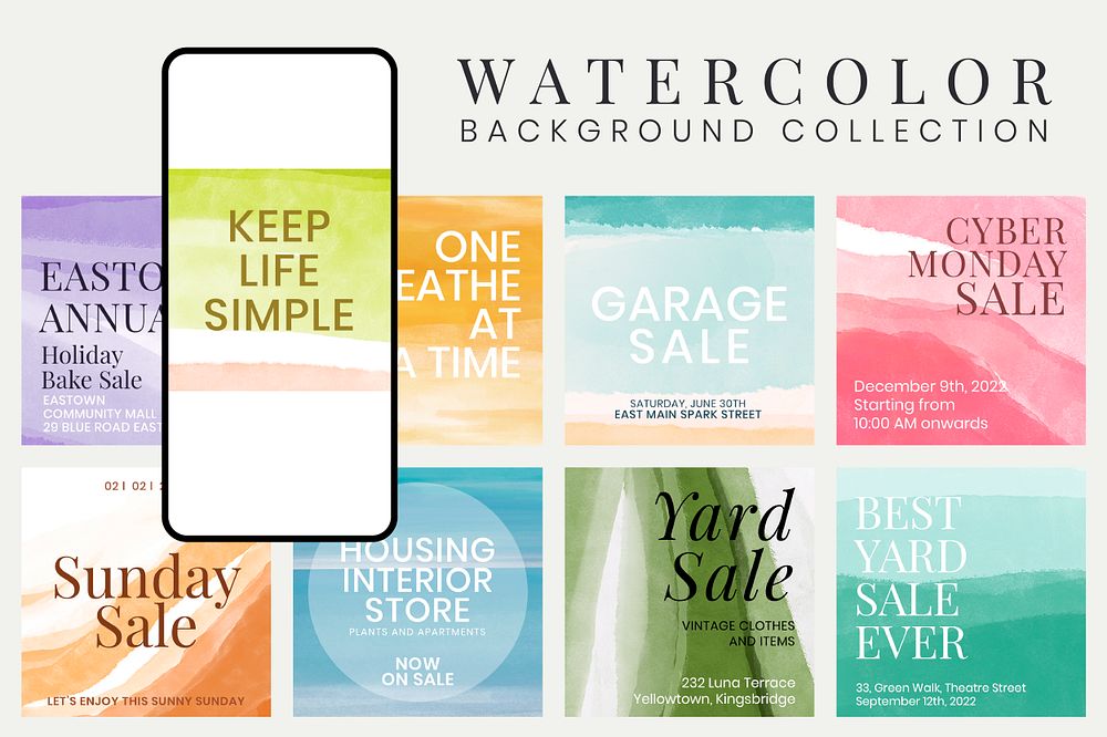 Watercolor template psd, pastel background collection with life quote & sale word