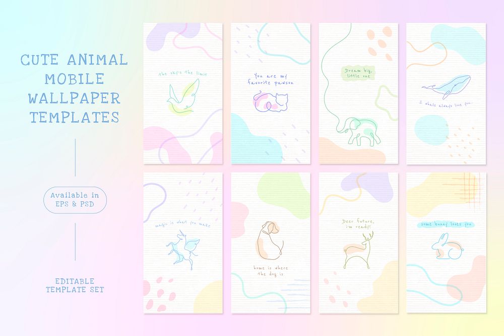 Cute animal mobile wallpaper template set, pastel memphis design psd