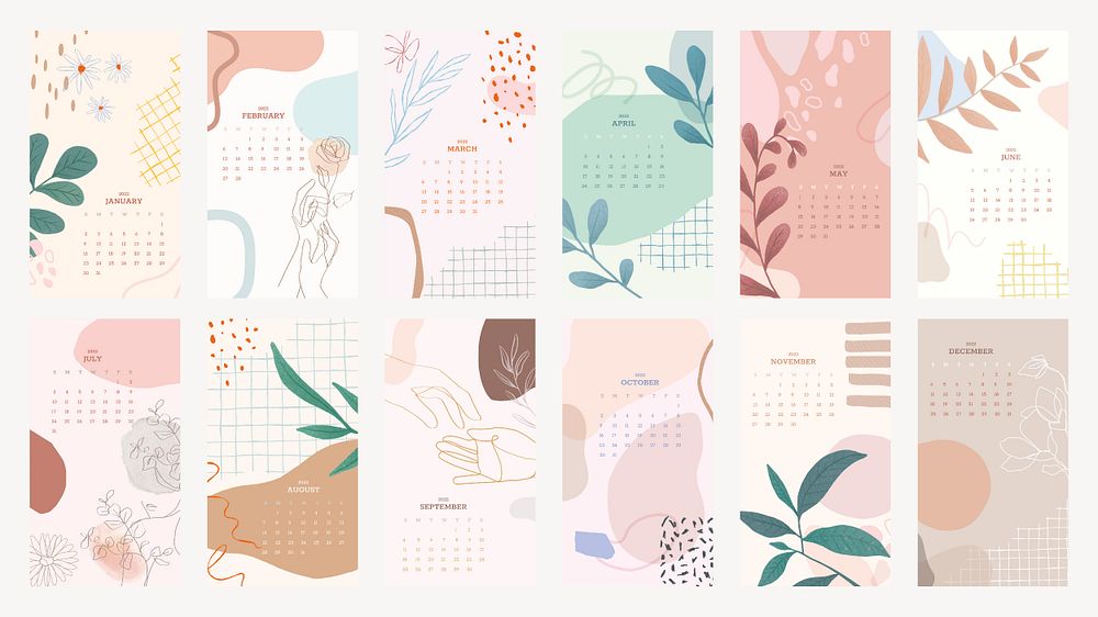 Pastel floral & botanical yearly calendar  editable psd template set