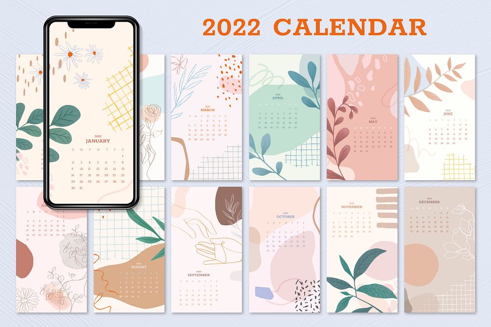 Pastel floral & botanical yearly calendar  editable psd template set