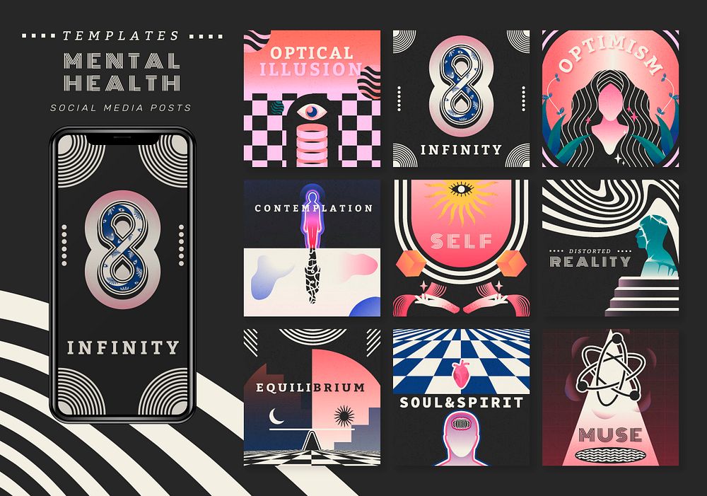 Mental health Instagram post template set, spiritual art psd