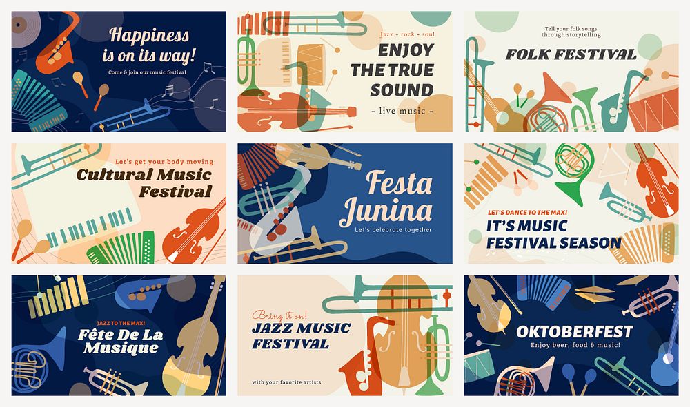 Music concert template, ad banner with retro instrument design psd set
