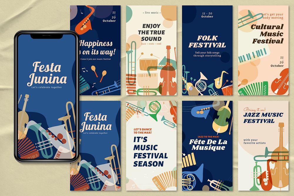 Retro music Instagram story template, concert ad with instrument graphic psd set