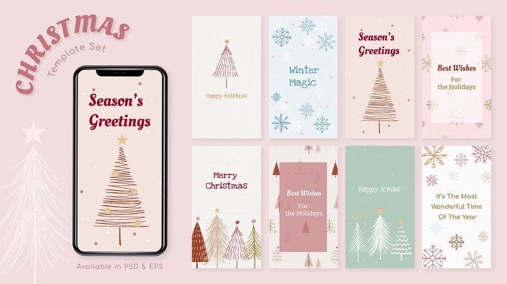 Christmas greetings Instagram story template, cute festive pastel doodle psd collection