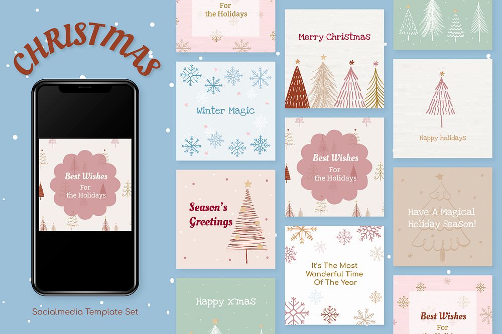 Christmas greetings Instagram post template, cute festive pastel doodle psd collection