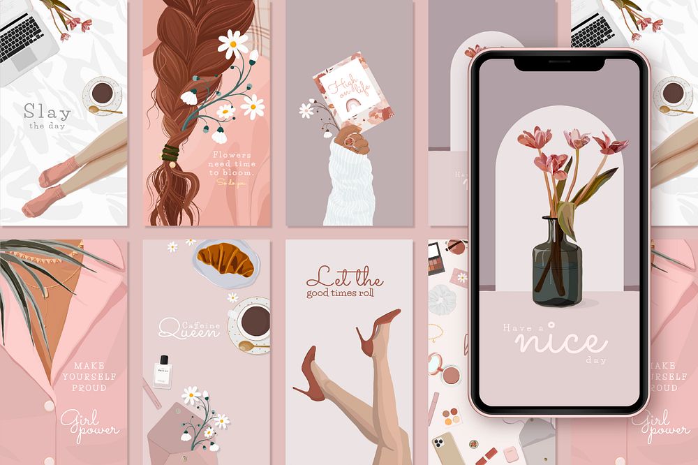 Beauty blogger Instagram story template, pink feminine illustration psd collection