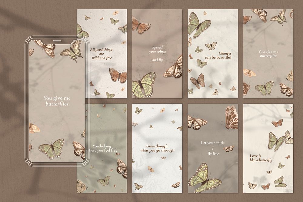 Quote mobile wallpaper template set, aesthetic butterfly pattern psd