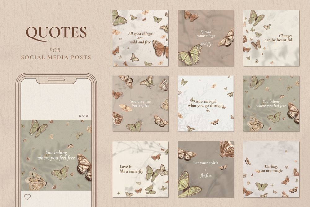 Quote social media post template set, aesthetic butterfly pattern psd