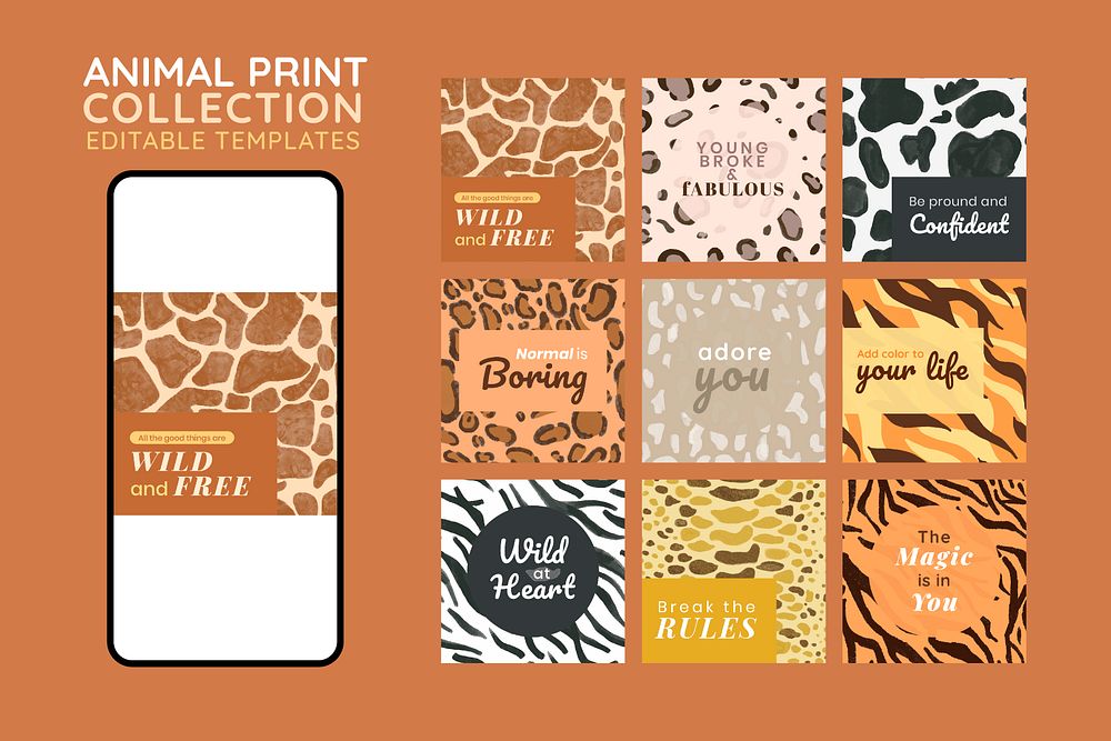 Motivational quote template seamless animal pattern set psd