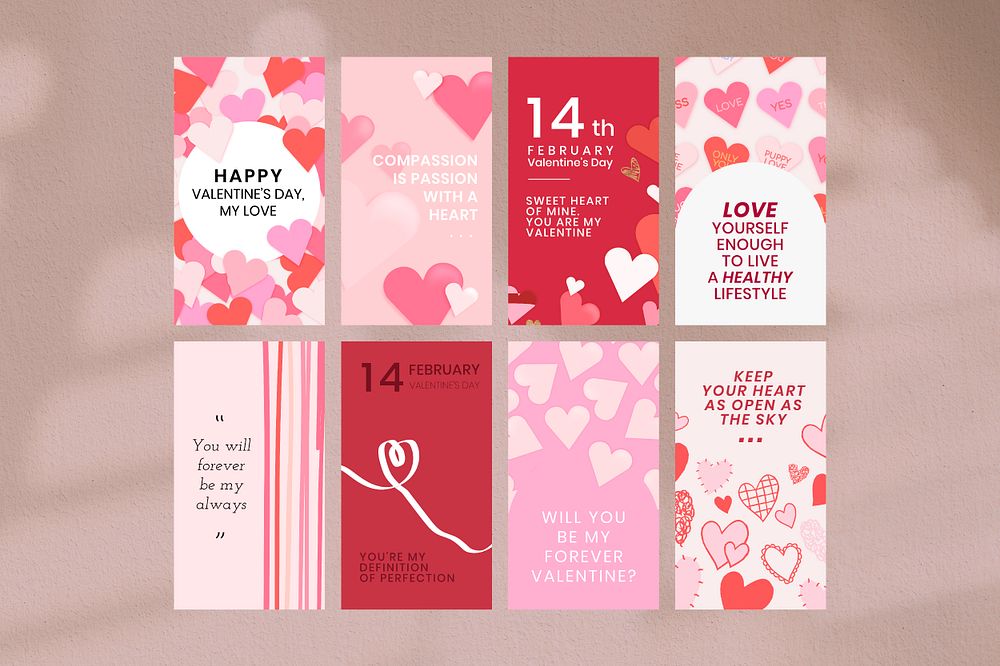 Valentines love template set psd, pink girly theme social media story